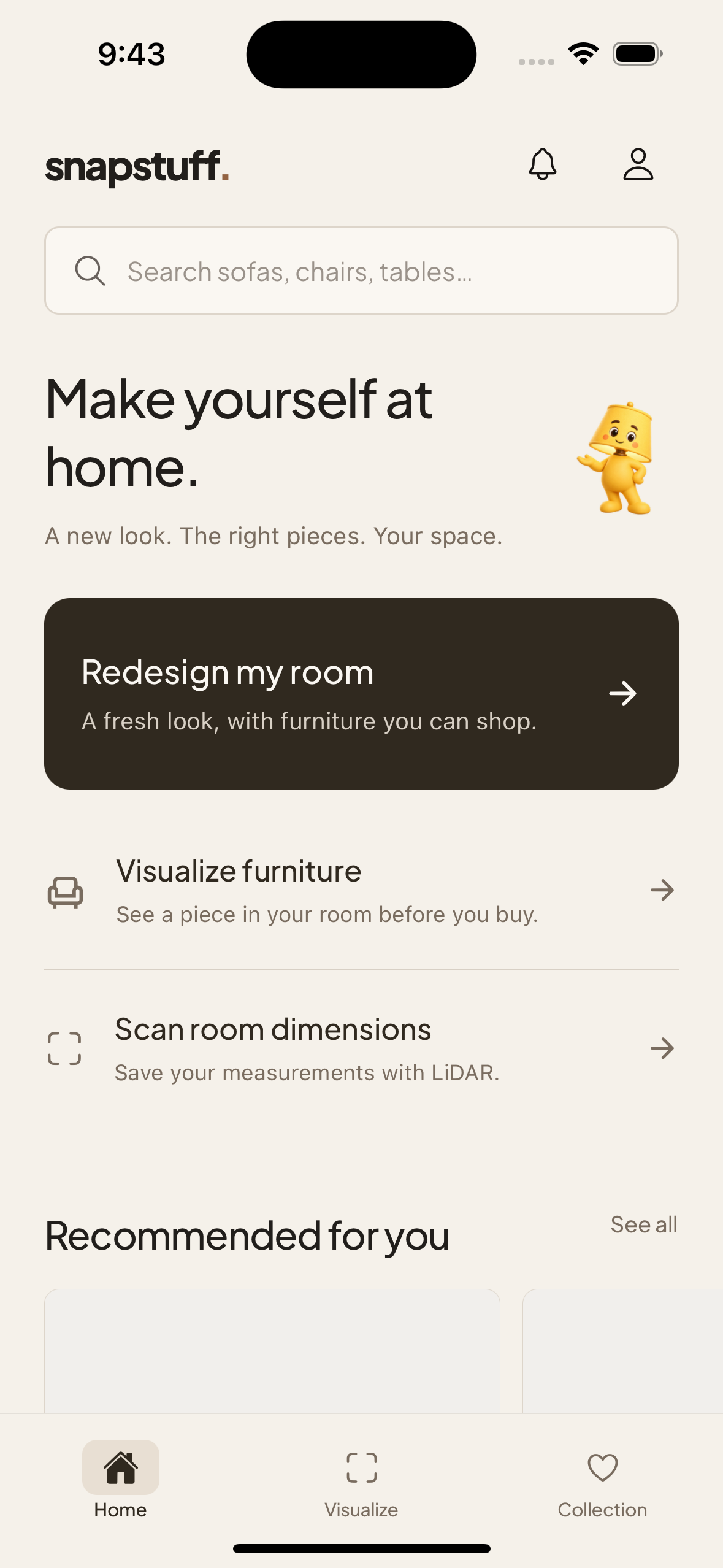 SnapStuff Home with room redesign, furniture visualization, and room scanning