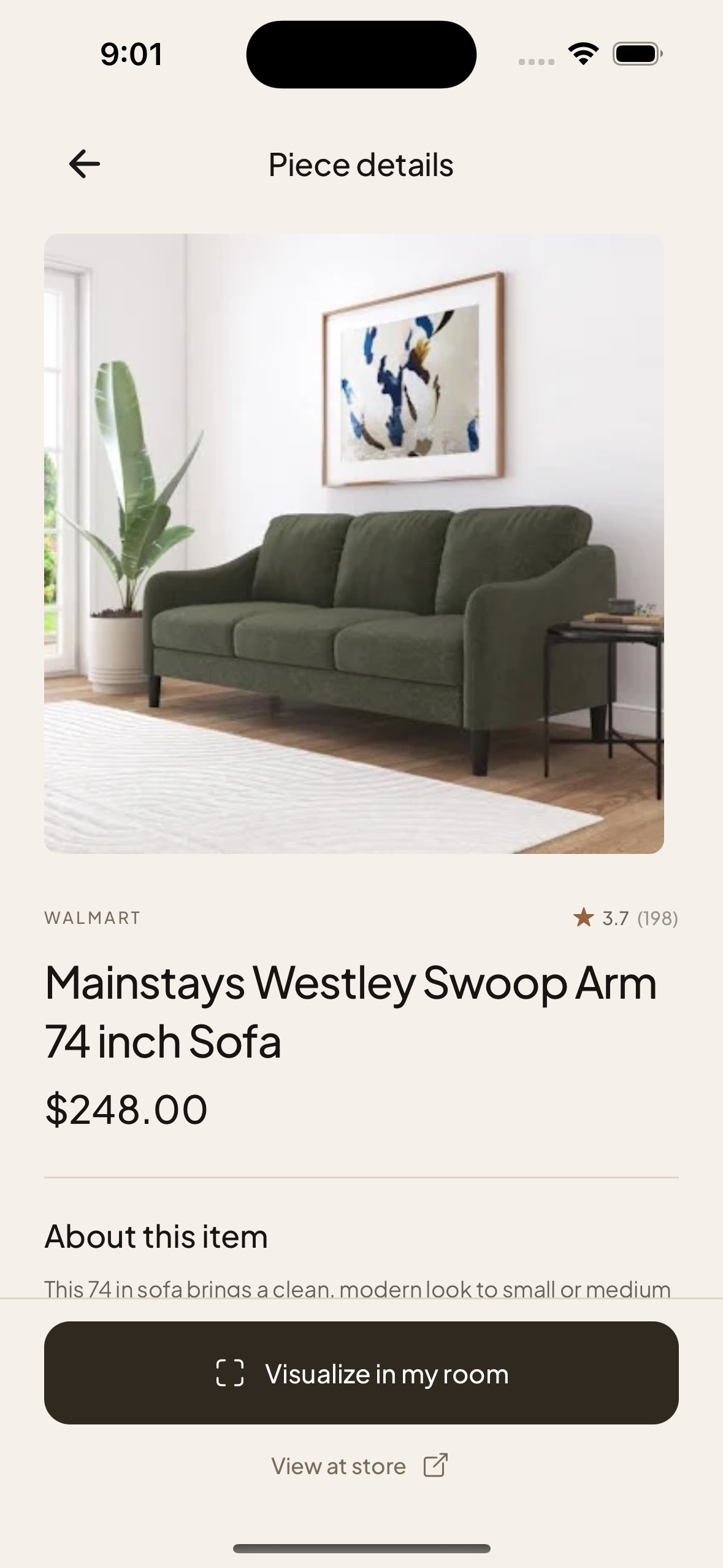 Sofa details with price, retailer, and the option to visualize it in your room